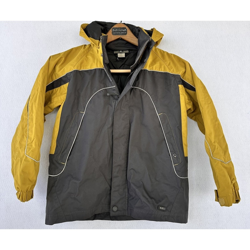 REI Hooded Kid's Rain Jacket Size S (8) Nylon Outdoors Boys Yellow Gray